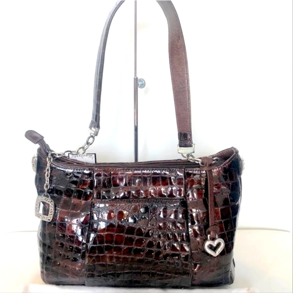 BRIGHTON Brown Embossed Crox Patten Leather Shoulder Bag Hang Tag Chain Link